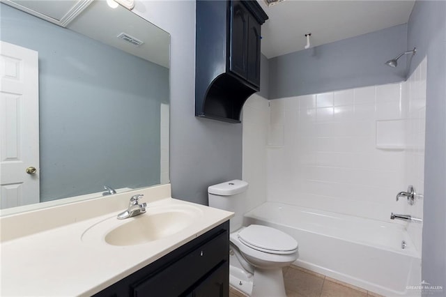 full bathroom with tile patterned flooring, vanity, tub / shower combination, and toilet