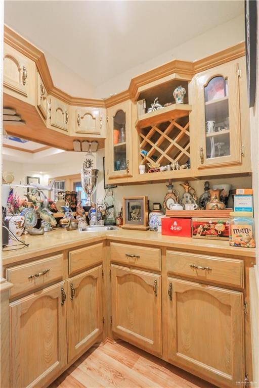 kitchen featuring glass insert cabinets, light wood finished floors, light countertops, and a sink