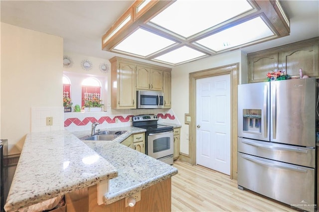 kitchen featuring backsplash, light wood-type flooring, a peninsula, stainless steel appliances, and a sink