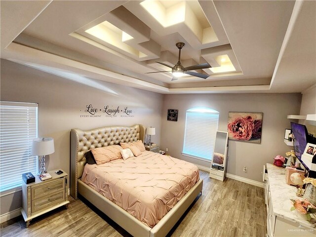 bedroom with hardwood / wood-style flooring, ceiling fan, and a raised ceiling