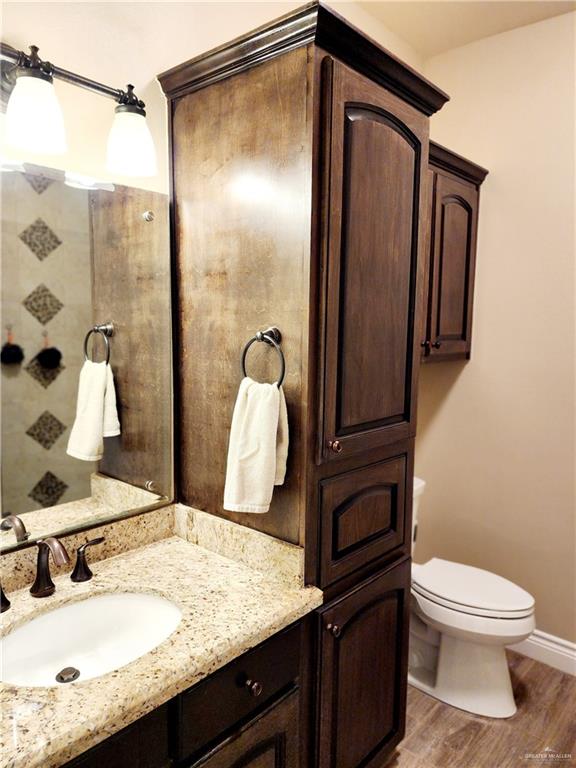 bathroom with vanity, hardwood / wood-style flooring, and toilet