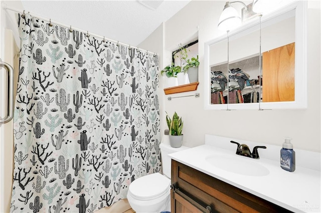 bathroom featuring vanity, toilet, and a shower with shower curtain