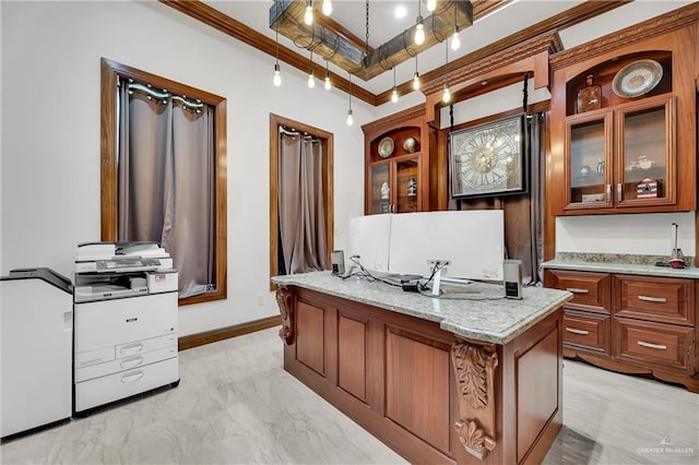 home office with marble finish floor, baseboards, and ornamental molding