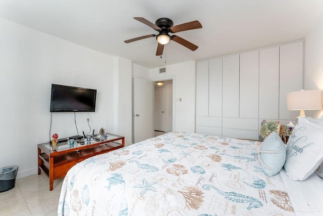 110 Padre Blvd Unit 603, South Padre Island, TX 78597 - bedroom with visible vents, light tile patterned flooring, and a ceiling fan