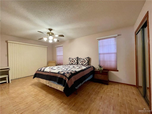 bedroom featuring ceiling fan, a textured ceiling, and light hardwood / wood-style flooring