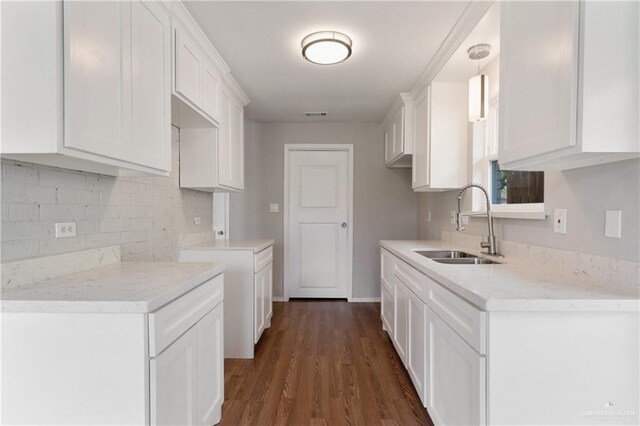 2310 Arbor St, Harlingen, TX 78552 - kitchen with a sink, decorative backsplash, white cabinetry, and dark wood-style flooring