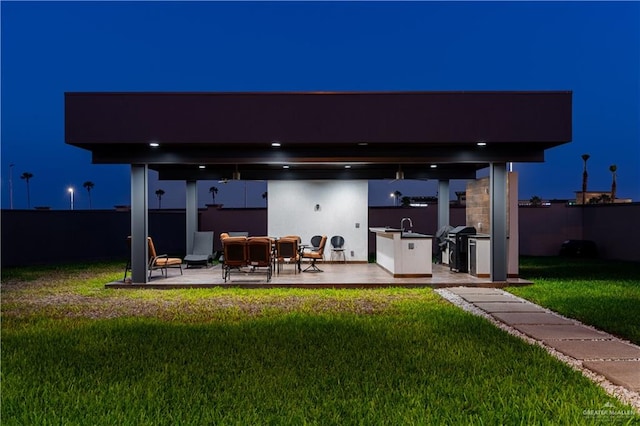 back house at night with a patio area, a yard, and an outdoor kitchen