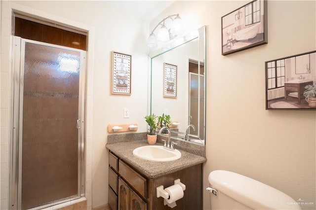 bathroom with toilet, a shower stall, and vanity