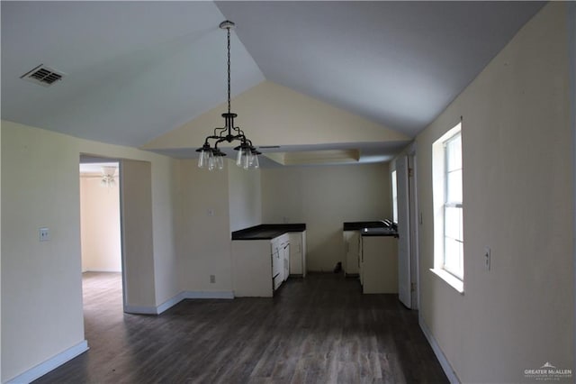 unfurnished dining area with vaulted ceiling, sink, and dark hardwood / wood-style floors