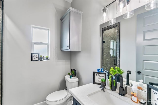 bathroom with vanity, an enclosed shower, and toilet