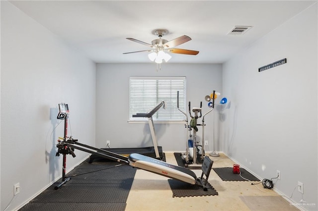 workout area with ceiling fan