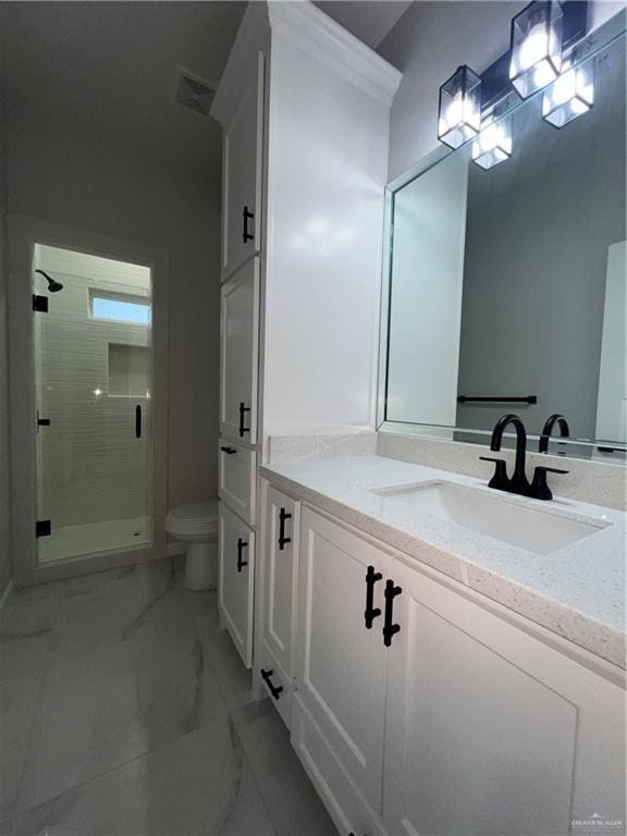 409 S 12th St, Alamo, TX 78516 - bathroom with a stall shower, vanity, toilet, and marble look tiles