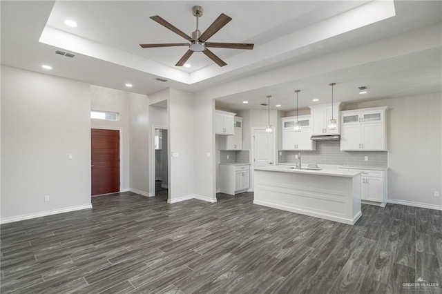 kitchen featuring tasteful backsplash, a tray ceiling, and dark wood-type flooring