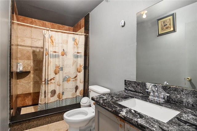 bathroom with tile patterned floors, vanity, a shower with shower curtain, and toilet