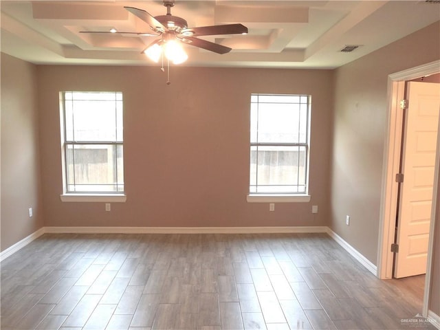 5421 San Diego Dr, Edinburg, TX 78542 - empty room with a raised ceiling, healthy amount of natural light, ceiling fan, and wood finished floors