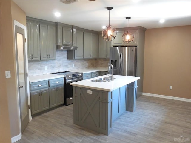 5421 San Diego Dr, Edinburg, TX 78542 - kitchen with appliances with stainless steel finishes, a sink, under cabinet range hood, gray cabinetry, and baseboards