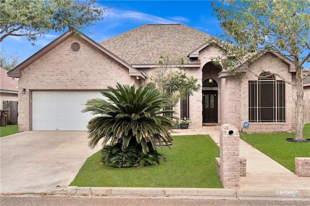 view of front of property featuring a garage and a front yard