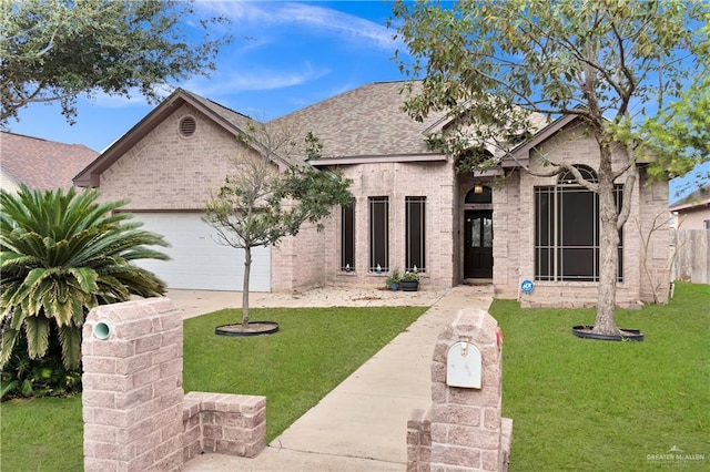 view of front of house featuring a garage and a front lawn