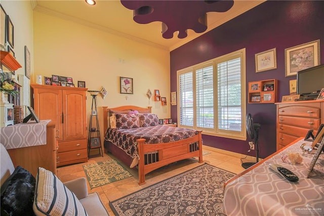 bedroom featuring crown molding and light tile patterned flooring