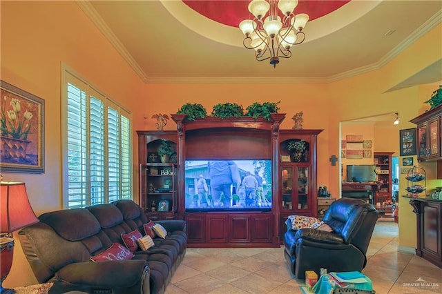 living room featuring light tile patterned floors, a notable chandelier, and ornamental molding