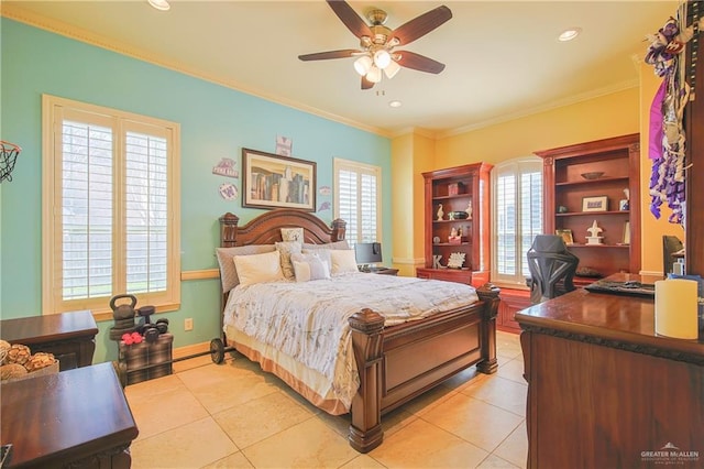 tiled bedroom with ceiling fan, ornamental molding, and multiple windows