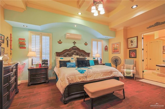 bedroom with dark wood-type flooring, ceiling fan, ornamental molding, connected bathroom, and a wall unit AC