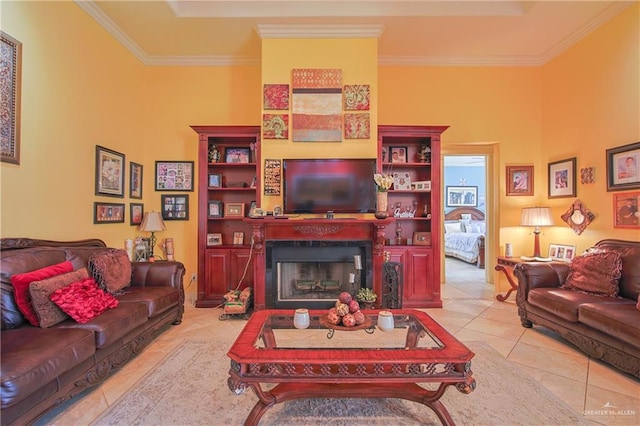 living room featuring crown molding and light tile patterned floors