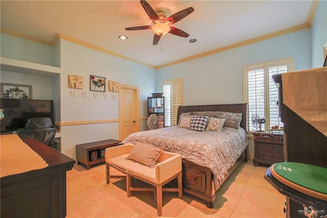 bedroom featuring light tile patterned floors, ceiling fan, and ornamental molding