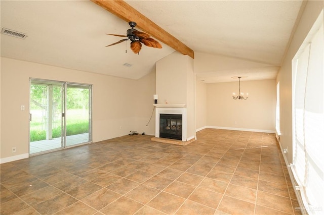 15220 Wilson Rd, Harlingen, TX 78552 - unfurnished living room with a glass covered fireplace, a chandelier, ceiling fan, and light tile patterned floors