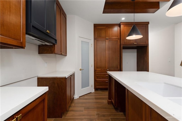 kitchen featuring dark hardwood / wood-style floors, hanging light fixtures, and sink