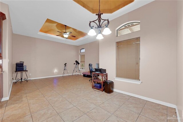 1617 N Monmack Rd, Edinburg, TX 78541 - unfurnished office with a tray ceiling, light tile patterned flooring, and ceiling fan