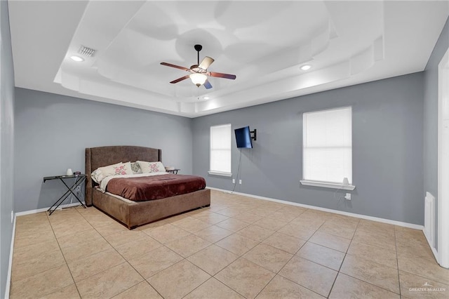 1617 N Monmack Rd, Edinburg, TX 78541 - bedroom with a raised ceiling, tile patterned floors, recessed lighting, and a ceiling fan