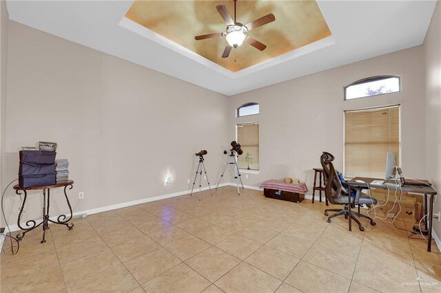 1617 N Monmack Rd, Edinburg, TX 78541 - tiled office with a tray ceiling, a ceiling fan, and plenty of natural light
