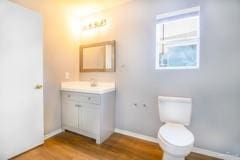 bathroom with hardwood / wood-style floors, vanity, and toilet