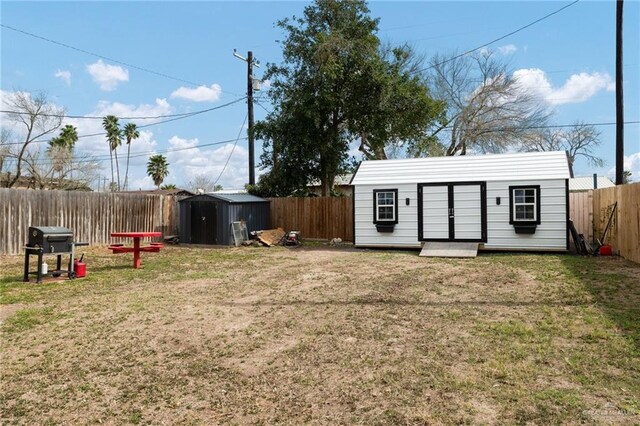 view of yard with a storage shed