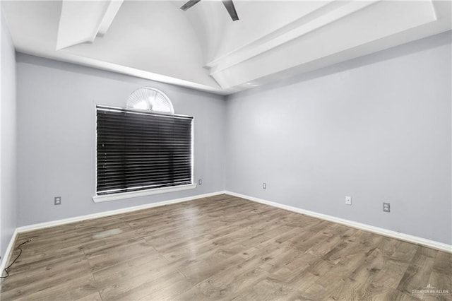 1411 Dons Dr, Mission, TX 78572 - empty room featuring a ceiling fan, wood finished floors, baseboards, and lofted ceiling