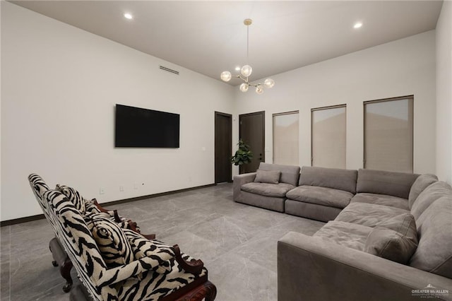 living area with marble finish floor, baseboards, visible vents, and recessed lighting