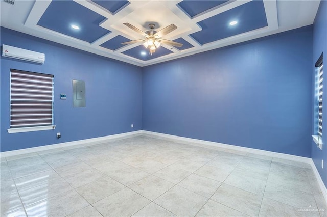 tiled spare room with coffered ceiling, ceiling fan, a wall unit AC, and electric panel