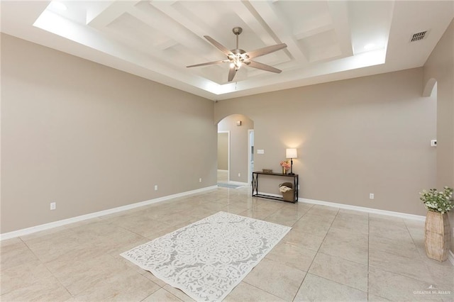 tiled living room featuring beam ceiling, coffered ceiling, and ceiling fan