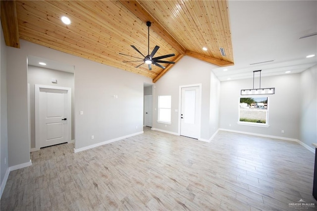 unfurnished living room featuring beam ceiling, light hardwood / wood-style floors, high vaulted ceiling, and wood ceiling