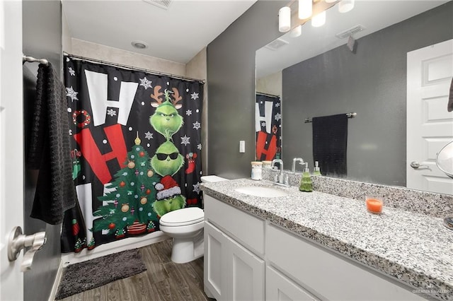 bathroom featuring vanity, toilet, and wood-type flooring