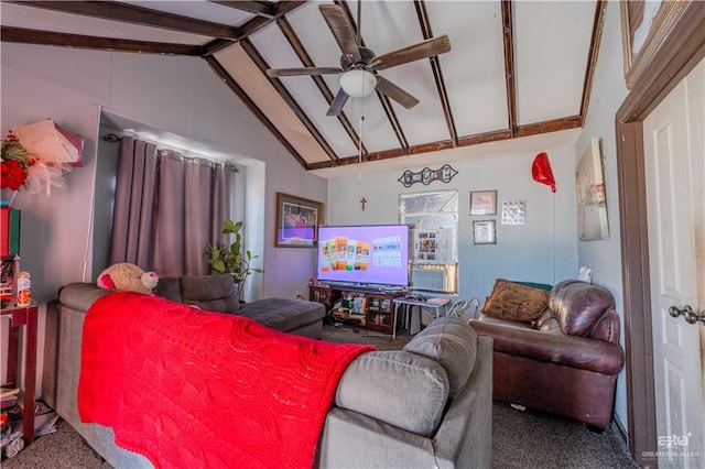 carpeted living room featuring ceiling fan and lofted ceiling with beams