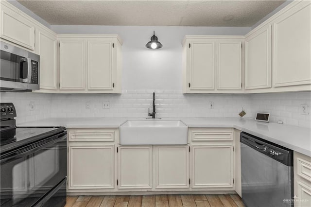 kitchen featuring tasteful backsplash, light wood-type flooring, light countertops, stainless steel appliances, and a sink