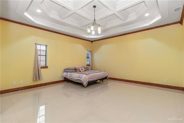 unfurnished bedroom featuring ornamental molding, an inviting chandelier, tile patterned floors, and coffered ceiling