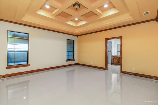 tiled empty room featuring crown molding, beamed ceiling, and coffered ceiling