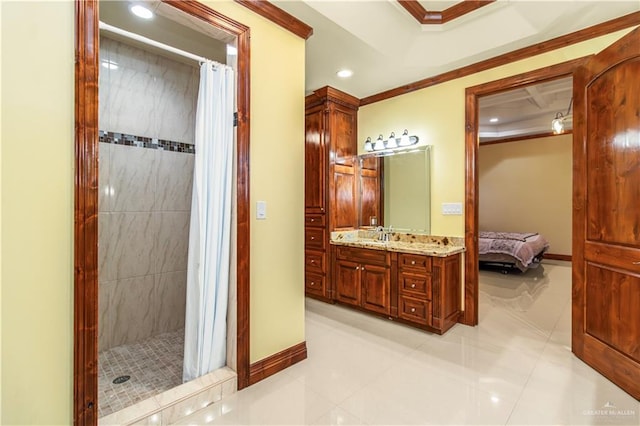 bathroom featuring tile patterned floors, curtained shower, and crown molding