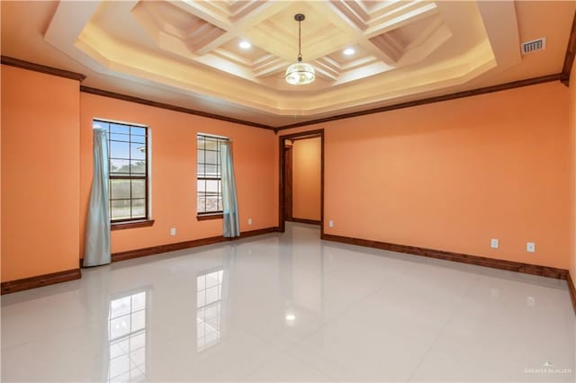 tiled empty room with beam ceiling, ornamental molding, and coffered ceiling