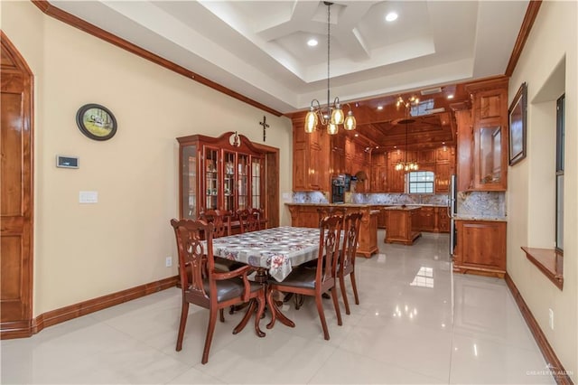 dining room featuring coffered ceiling, ornamental molding, light tile patterned floors, and an inviting chandelier