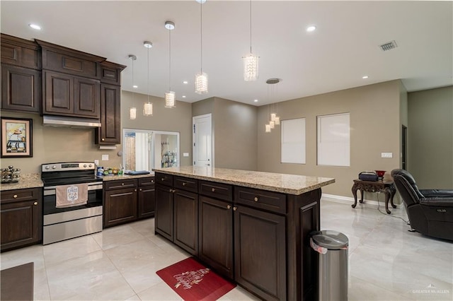 kitchen featuring stainless steel range with electric stovetop, dark brown cabinets, a center island, and hanging light fixtures