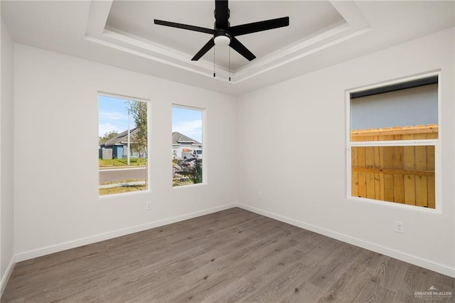 spare room with a raised ceiling, hardwood / wood-style floors, and ceiling fan